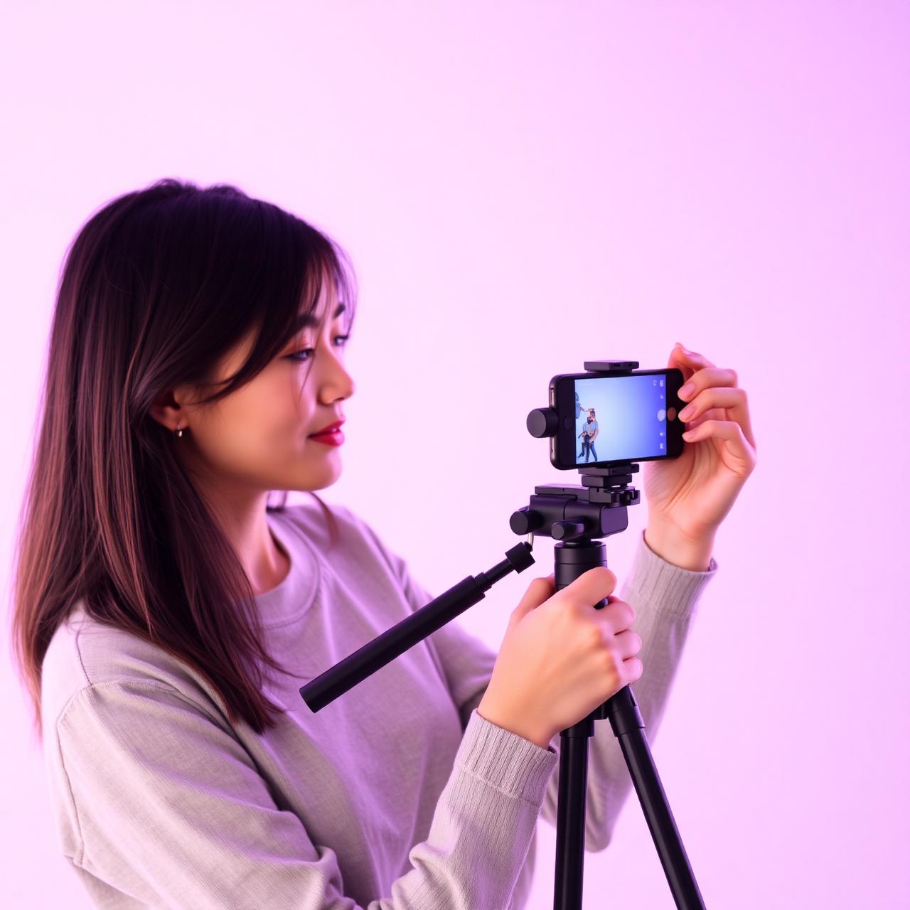 Content creator filming a video with a smartphone on a tripod